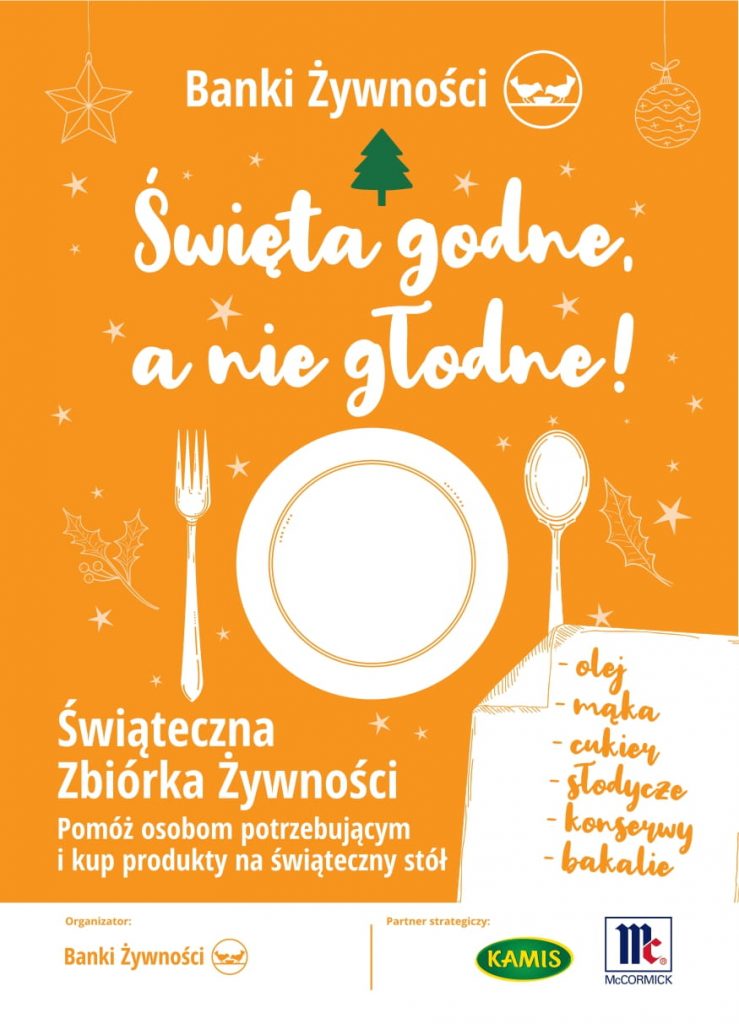 Plakat przedstawia akcje "Święta godne a nie głodne" organizowany prze Bank Żywności w Olsztynie