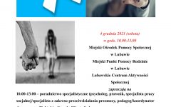 Plakat przedstawia kampanie białej wstążki " Otwarte Drzwi" która odbędzie się 4 grudnia w godzinach 10.00 - 13.00 w Lubawskim Centrum Aktywności LCAS