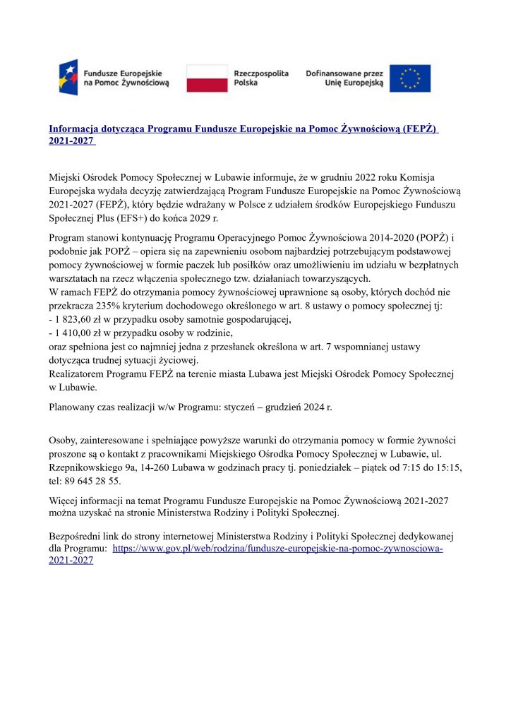 Informacja dotycząca Programu Fundusze Europejskie na Pomoc Żywnościową (FEPŻ) 2021-2027